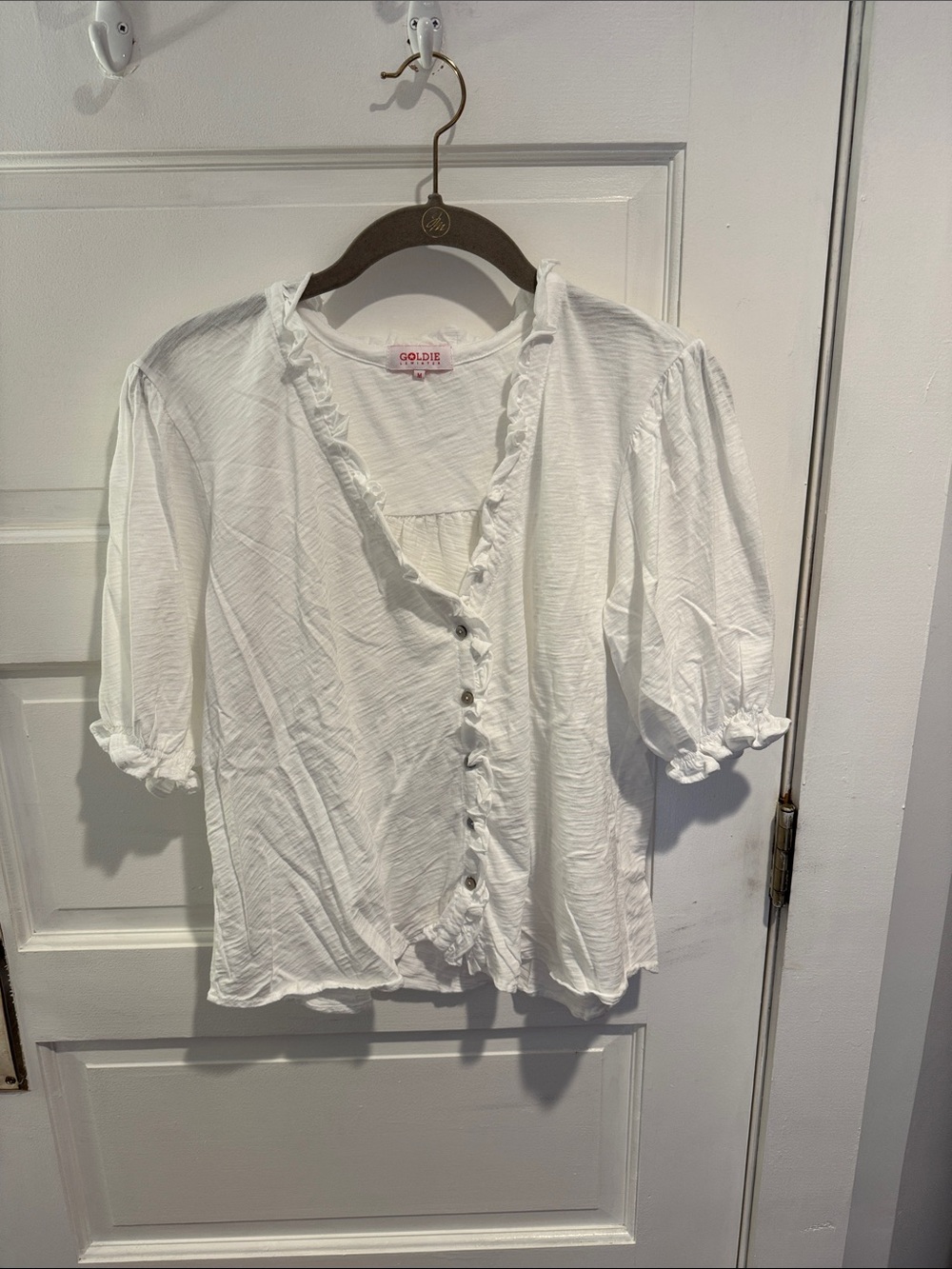 Goldie White Ruffle-Trim Button-Up Blouse